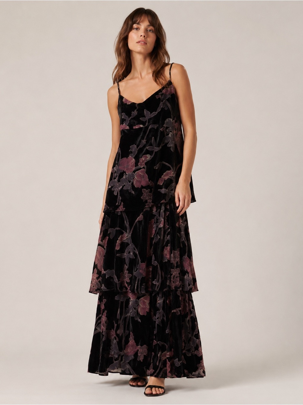 Lulu's Black Velvet Floral Tiered Maxi Slip Dress with Dusky Rose Print